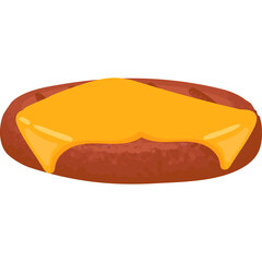 A Delicious Cartoon Cheeseburger With Melted Yellow Cheese On A Brown Bun With A Transparent Background