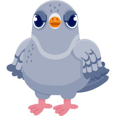 A Cute Cartoon Pigeon Stands Facing Forward Against A Transparent Background With Its Wings Slightly Down And Feathers Detailed In Gray And Blue Tones