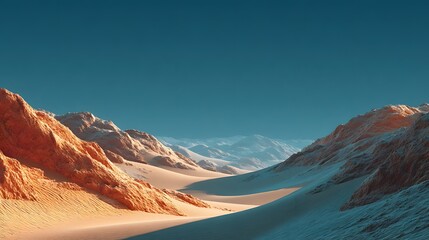 A serene desert landscape with rolling dunes under a clear blue sky in a warm and cool color palette