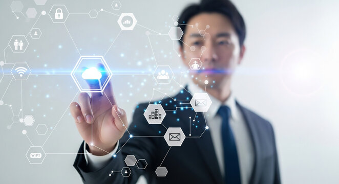 クラウド・タッチスクリーンを操作する男性