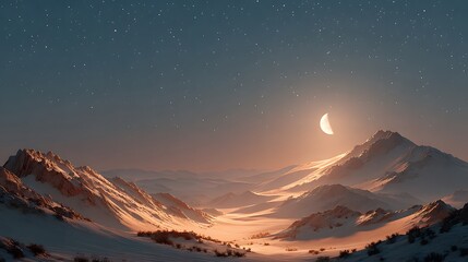 Snowy mountains under a starry sky with a crescent moon shining brightly in the distance landscape
