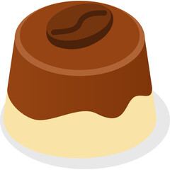 Isometric illustration of a two-layered dessert with brown top and creamy bottom featuring a coffee bean symbol on its surface against a transparent background