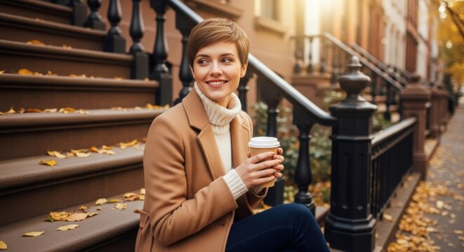 images of pixie cut hairstyle - A young woman with a chic short haircut sits on brown steps holding a coffee cup, surrounded by autumn leaves in a warm, sunlit urban neighborhood