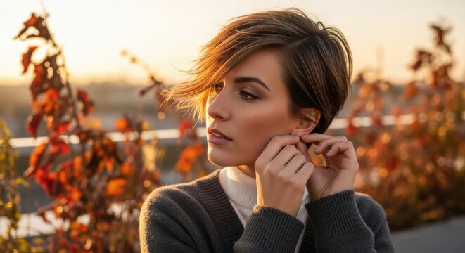 images of pixie cut hairstyle - A woman adjusts her earring while standing outdoors bathed in warm golden light, surrounded by autumn foliage and a blurred distant landscape at sunset