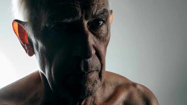 Hombre mayor serio con iluminaci&oacute;n dram&aacute;tica, retrato cercano