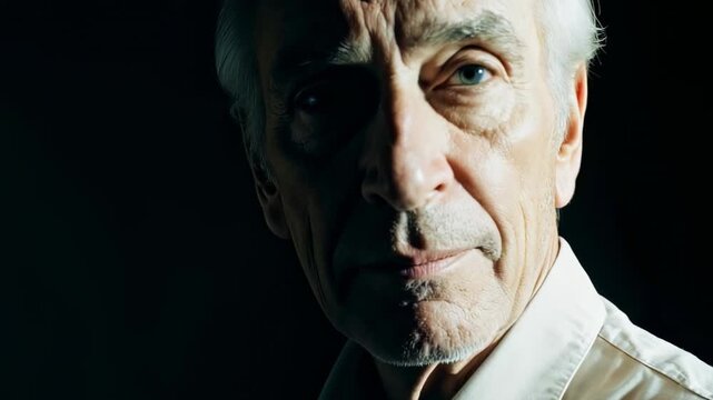 Hombre mayor serio con iluminaci&oacute;n dram&aacute;tica, retrato cercano