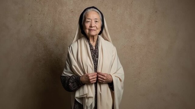 Anciana con velo mirando a c&aacute;mara