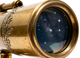 Vintage brass telescope gazing into the starry galaxy, transparent background png