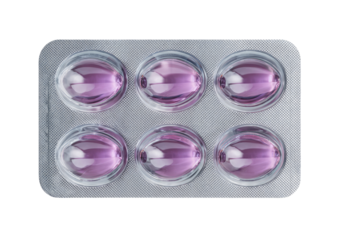 Close-up of six translucent purple soft gel capsules in a blister pack