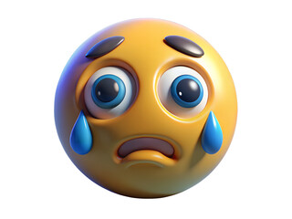 Crying yellow emoji with tears isolated on transparent background expressing sadness and emotional pain