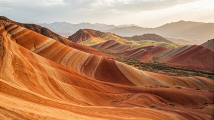 Vibrant, multicolored mountain landscape with sweeping curves and textured earth formations.