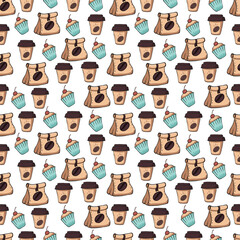 Pattern with brown coffee bags and coffee cups