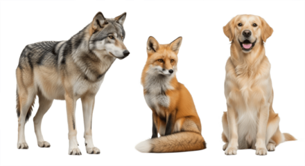 Set of Three Canine Animals – Wolf, Fox, and Dog Isolated on White Background – Wild and Domestic Canid Species Showcasing Strength, Agility, and Companionship for Wildlife and Educational Use