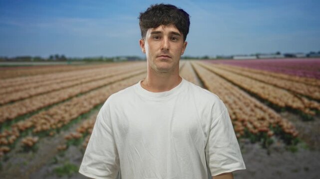 Man with hand on chest and raised hand waving in a flower field under blue sky; sincere warm greeting.