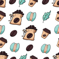 Pattern with coffee cups, macarons, and mint leaves