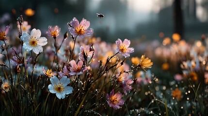 A field of cosmos flowers with water droplets and a bee flying in the hazy background light