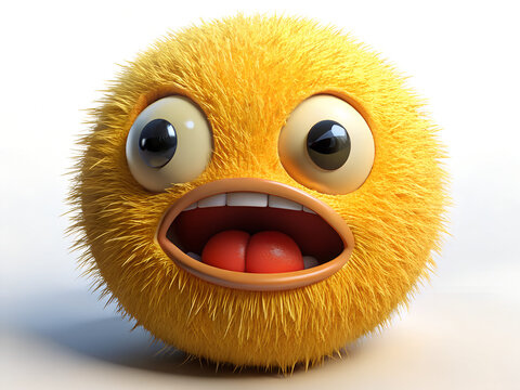 A surprised yellow fluffy emoji with wide eyes and open mouth, expressing shock and amazement isolated on white background