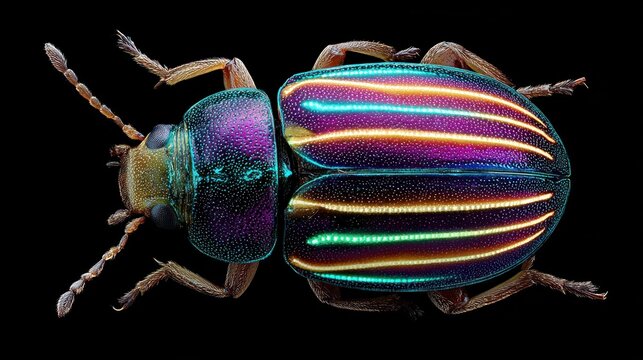 Colorful iridescent beetle with detailed exoskeleton against a stark black background