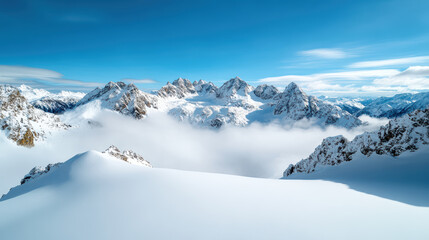 Obraz premium Majestic snow covered mountains rise above sea of mist, creating serene and cinematic landscape