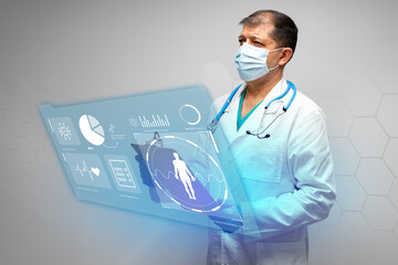 Doctor analyzing patient data using advanced technology in a modern clinic