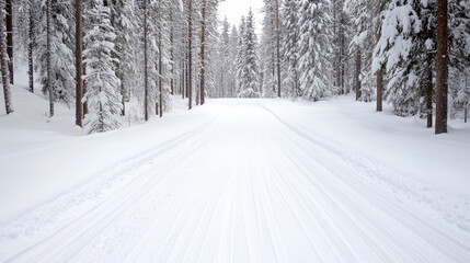 Snowy trail leading through serene forest, creating peaceful winter atmosphere
