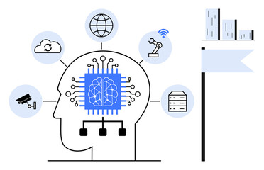 Human head silhouette with a neural network chip connected to cloud, robotics, surveillance, global connectivity, and data servers. Ideal for AI, machine learning, IoT, data analytics innovation
