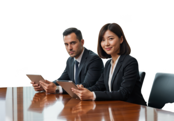 Diverse business professionals collaborating with tablets at a conference table isolated on transparent background
