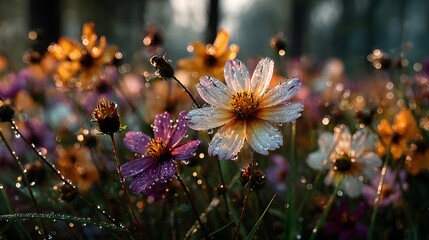 Close up of colorful cosmos flowers covered in water droplets in a garden setting with bokeh lights