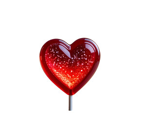 A shiny red heart-shaped lollipop glows with internal starlight against black
