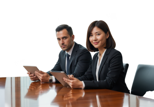 Diverse business professionals collaborating with tablets at a conference table isolated on transparent background