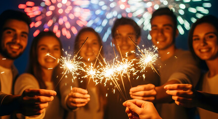 A group of happy young friends holds burning sparklers and smiles at the camera during a night celebration, with colorful fireworks exploding in the background