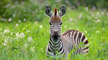 Young zebra resting peacefully in lush green grass surrounded by wildflowers in a serene natural environment