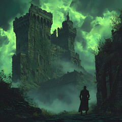 Haunted Gothic Castle, Eerie Haunted Ruins, Dark Gothic Fortress, Creepy Castle in Mis, Ruins of Forgotten Castle, Green Fog Castle, Gothic Ruins Landscape, 