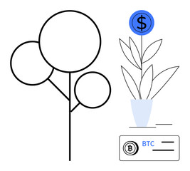 Minimalistic plant and tree outline symbolizing growth paired with cryptocurrency and dollar signs. Ideal for finance, investment, blockchain, sustainability, earnings, wealth, simple flat metaphor