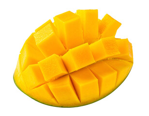 Sliced ripe tropical fruit with neatly cut chunks, isolated on a black background