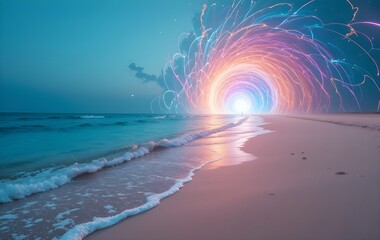 Vibrant portal of light beckons on serene beach, inviting exploration and new beginnings