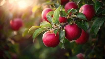 Obraz premium Fresh Red Apples on Tree Branch in Sunlit Orchard with Lush Green Leaves and Blurred Background for Nature Lovers