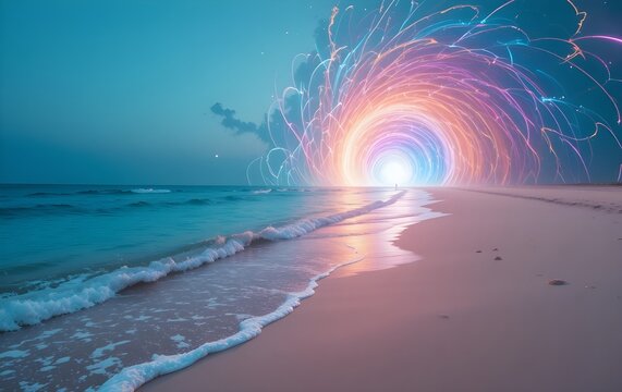 Vibrant portal of light beckons on serene beach, inviting exploration and new beginnings