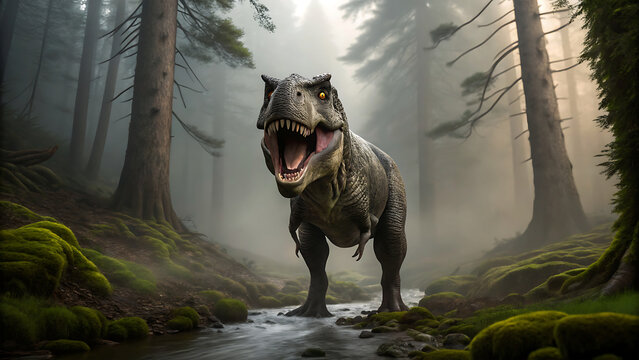 Majestic tyrannosaurus rex roaring in a misty ancient forest