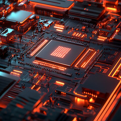 Close-up of a glowing microchip, Futuristic Microchip, Glowing Tech Chip, AI Microprocessor Chip, Digital Circuit Board, Microchip with LED Lights, Advanced Technology Chip, AI Tech Microchip, High-Te
