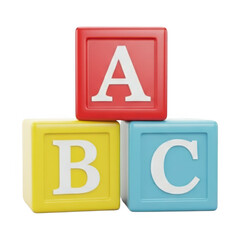 Playful photorealistic arrangement of three wooden alphabet blocks forming abc stacked together transparent background