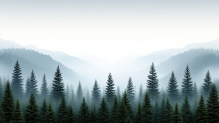 Misty forest landscape with tall evergreen trees and soft gradients in background