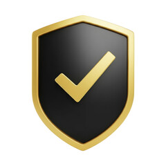 Modern matte black shield icon with golden border and checkmark for security and protection concepts transparent background