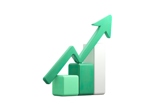 Green arrow points upward, overlapping a chart with two columns. Black backdrop