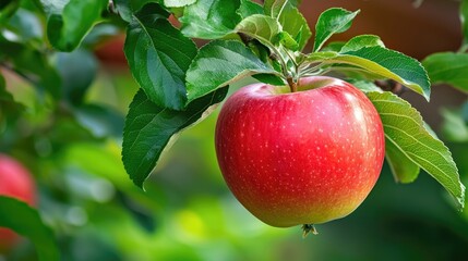 Fresh Red Apple Hanging on a Branch Surrounded by Lush Green Leaves in a Bright Orchard Setting