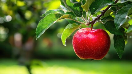 Obraz premium Fresh Red Apple Hanging on a Tree Branch Surrounded by Green Leaves in Natural Garden Setting