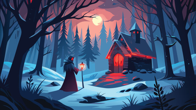 A cloaked figure with a lantern approaches a glowing cabin in a snowy, stylized winter forest scene