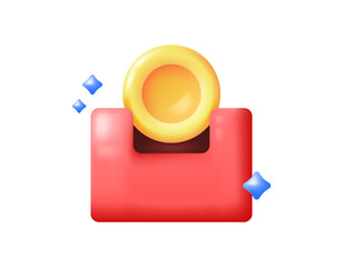Money donation concept. Charity and humanitarian donations. Illustration of a box with a coin symbol. 3D style design. White background.