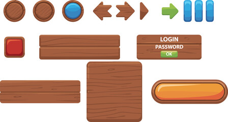 Wooden game interface buttons and UI elements set, cartoon style login panel, arrows icons, ok button, vector illustration design template