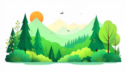 Obraz premium Serene mountain landscape with lush green trees, bushes, and a bright sun